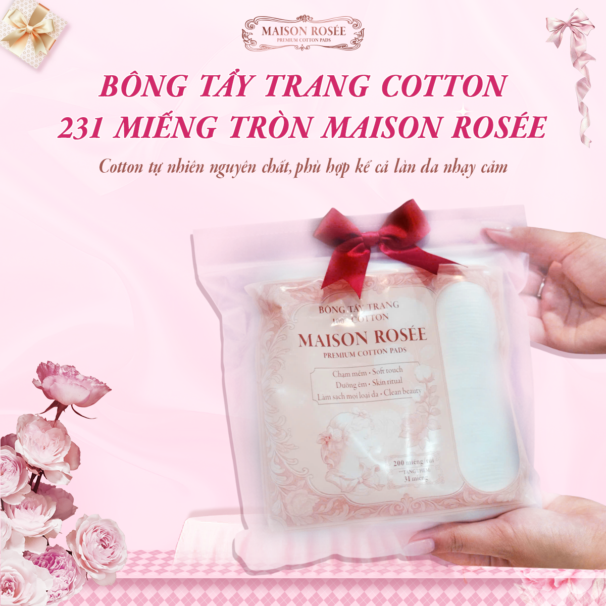 Bông tẩy trang cotton Maison Rosée 231 miếng tròn mềm nhẹ dịu dàng